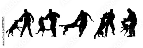 Trained aggressive dog silhouette vector set