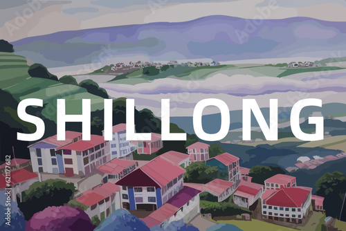 Beautiful watercolor painting of an Indian scene with the name Shillong in Meghālaya