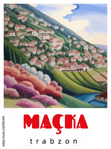 Maçka: Retro tourism poster with a Turkish landscape and the headline Maçka / Trabzon