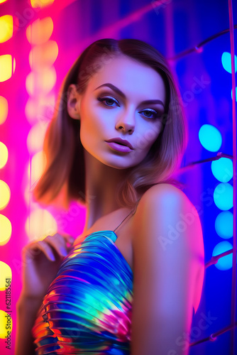 Beautiful woman in blue dress posing for picture in front of mirror. Generative AI.