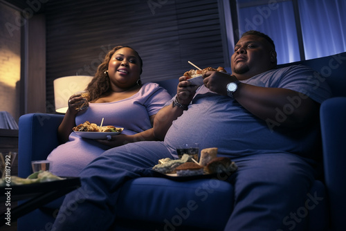 A young couple sitting at home and eats junk food. They both suffer from obesity and overeating.