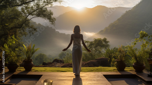 A serene yoga retreat nestled in nature, offering a sanctuary for wellness and spiritual tourism Generative AI