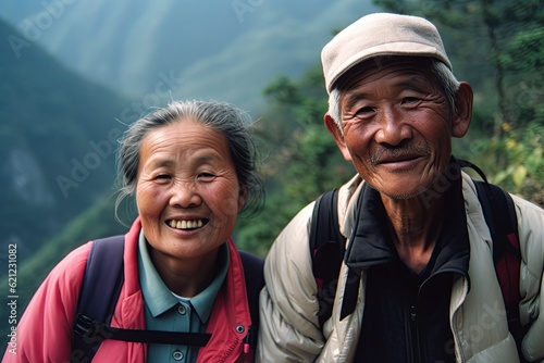 Happy old asian couple hiking in the mountains. Travel concept, activities. Generative AI
