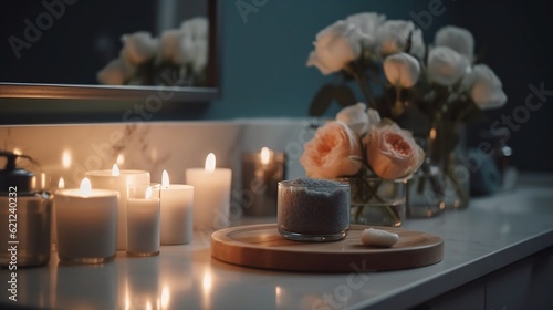 Candles and flowers in the bathroom. Generative AI