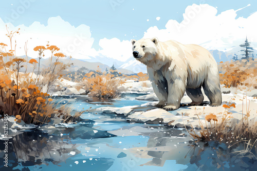 Painting of a White polar bear near a lake, Generative AI