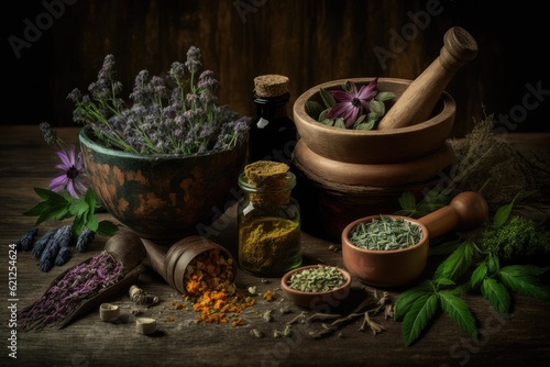 rustic still life with herbs and mortar on a wooden table. Generative AI