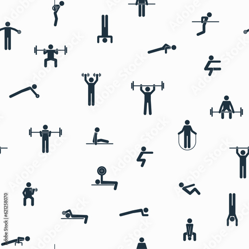 Seamless pattern of simple symbols workout, athletic, gym, fitness, calisthenics training exercises. Continuous print of people making sports in gymnasium. Isolated flat vector illustration