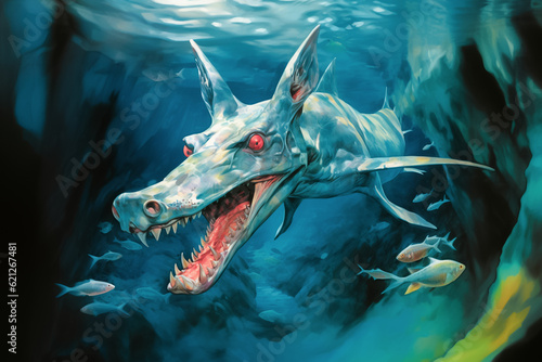 Fantasy sea monsters swimming around underwater, generative, ai