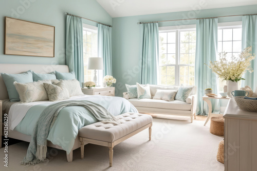 Coastal Bedroom With Breezy Color Palette And Seashell Accents Coastal Interior Design. Generative AI