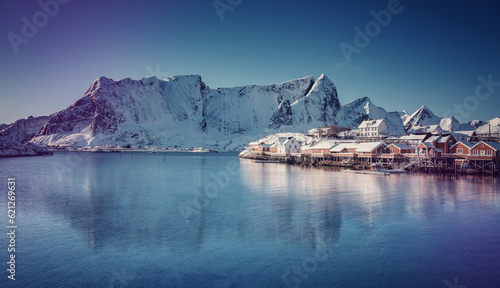Norway, Lofotens, Sakrisoy village. Amazing winter seascape. Wonderful nature landscape