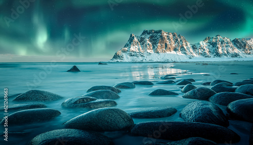 Rocky beach in winter with northern lights. Magical night landscape. Sea coast with stones, blurred water, snowy rocky mountains, aurora borealis at dusk. Uttakleiv beach in Lofoten islands, Norway