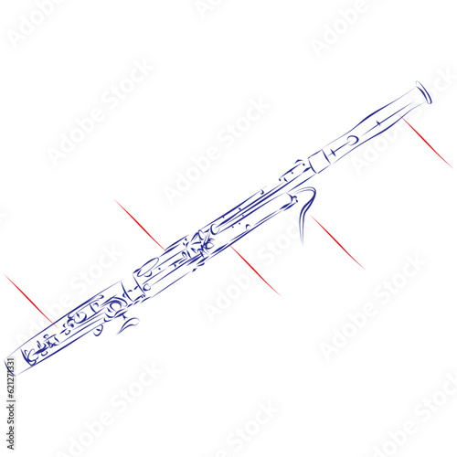 Continuous line drawing of bassoon with indicators for component parts isolated on white. Hand drawn, vector illustration