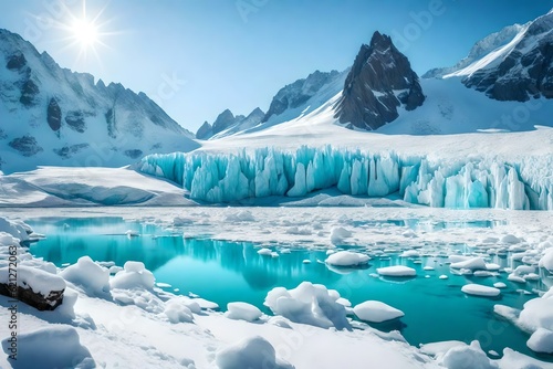 A breathtaking view of a glacier in a snowy landscape