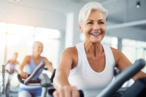 Smiling happy healthy fit slim senior woman with grey hair practising indoors sport with group of people on an exercise bike in gym.