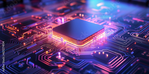 A dazzling 3D rendering of a microchip, electron paths visible, lights pulsating along the circuits, illustrating the heart of modern innovation, luminescent colors