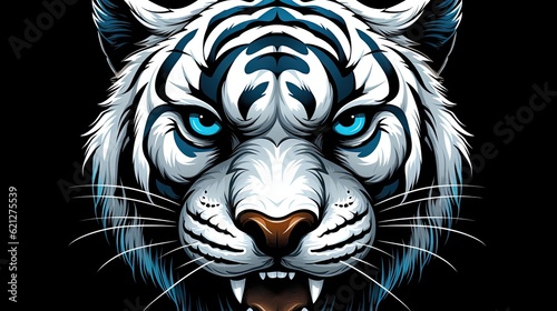 A white tiger with blue eyes on black background. (Illustration, Generative AI)