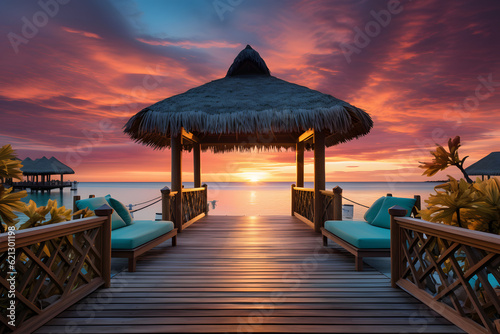 Scenic view of colorful pier sunset at the maldives island, stunning lighting imagery background. AI Genrated