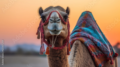 A camel wearing a decorative scarf. Camel for tourist travel is on the sand next to the desert. Camel photographed in the desert with cold lighting. Realistic 3D illustration. Generative AI