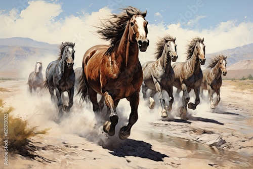 Horses sprinting through the wild on a dirt road. (Illustration, Generative AI)
