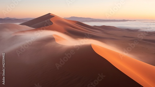 Drone shot of sand dunes covered in thick fog, sunrise at the Namib desert, in Namibia, Generative AI