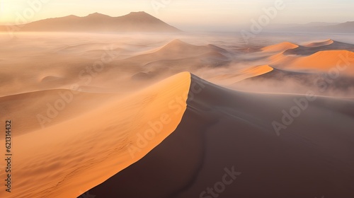 Drone shot of sand dunes covered in thick fog, sunrise at the Namib desert, in Namibia - sand dunes in the desert, Generative AI