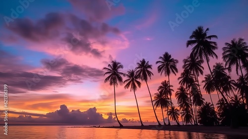 Silhouette of coconut palm trees in a stunning sunset: A breathtaking nature landscape with vibrant colors and mesmerizing clouds, sunset over the ocean, Generative AI
