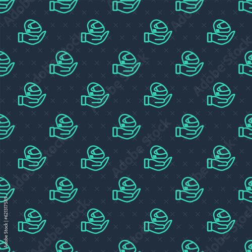 Green line Racing helmet icon isolated seamless pattern on blue background. Extreme sport. Sport equipment. Vector