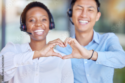 Heart hands, call center and portrait of business people consulting for crm or customer service. Finger, emoji and happy face of telemarketing consultant team smile for contact us, faq and support