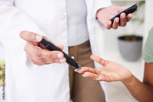 Finger, doctor and patient with lancet for diabetes, blood test or results or sugar level at clinic in closeup. Nurse, hands and injection for glucose, exam or inspection for healthcare in hospital