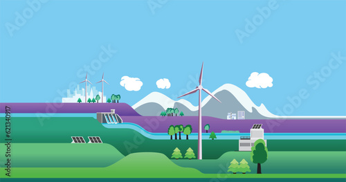 Landscape with wind turbines, solar panels, hydropower dam. Green energy facilities with houses and city. Green energy concept, flat design vector graphic illustration for web sites, advertising.