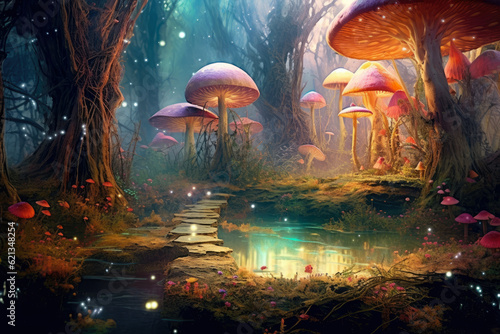 Magical Fairyland: whimsical panorama of a secret fairyland hidden among colorful mushroom groves, sparkling streams, and ethereal light