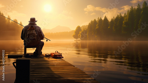 a old man in his fifties sitting on a dock, fishing at a scenic lake. ai generative