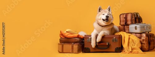 Cute dog akita inu sits on a suitcase on an orange background. Travel concept with animals. Banner. AI generation