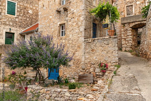 Stone houses and bell tower of the village Velo Grablje on Island Hvar in Croatia, founded in the 14th century. 