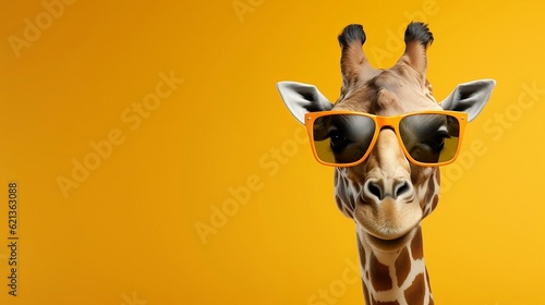 Funny stylish fashionable cartoon giraffe in sunglasses close up isolated on orange background with copy space, horizontal promo banner, children's parties and zoo