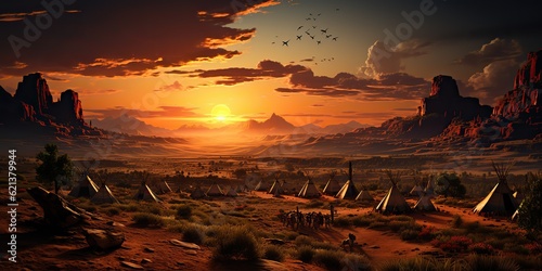 AI Generated. AI Generative. Native american indian history tribe village camp wigwam landscape. Evening sunshine nature outdoor mountain desert texas. Graphic Art