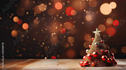 Weihnachtlicher Hintergrund mit selbst gebasteltem Weihnachtsbaum auf Holzuntergrund, Schneeflocken und Textfreiraum..
