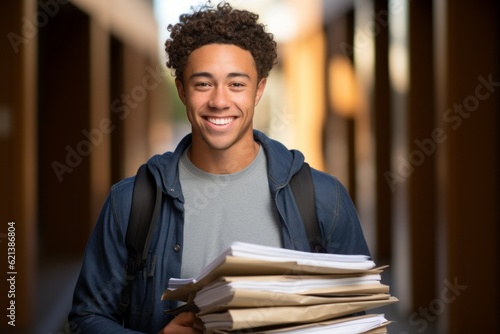 Portrait of a young male student with textbooks going to class. Back To School concept. Backdrop with selective focus