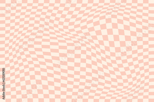Trippy checkerboard background. pastel pink retro psychedelic checkered wallpaper. Wavy groovy chessboard surface. Distorted and twisted geometric pattern. Abstract vector backdrop