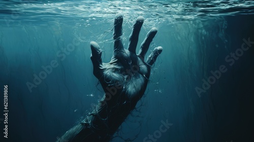 The hand of a drowning man above the surface of the water