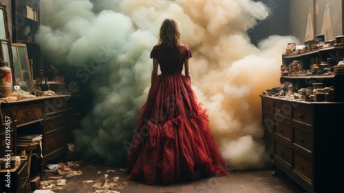A woman in a red dress standing in a smoke filled room. Generative AI image.