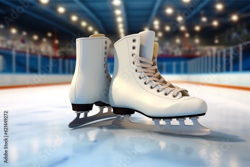 A pair of ice skates on an ice rink