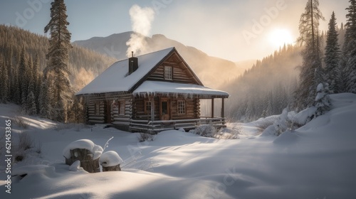 A cozy cabin nestled in a winter wonderland
