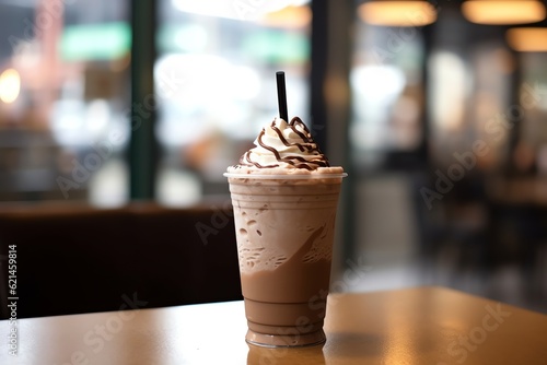 A decadent chocolate frappuccino in a to-go cup