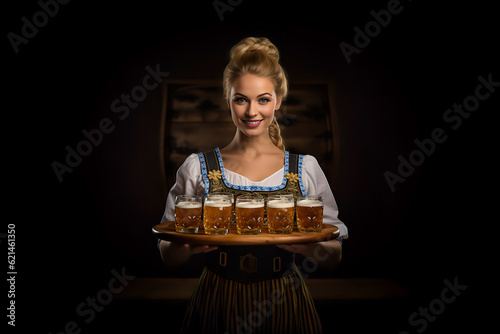 Young Oktoberfest waitress in the traditional Bavarian dress serving beer mugs