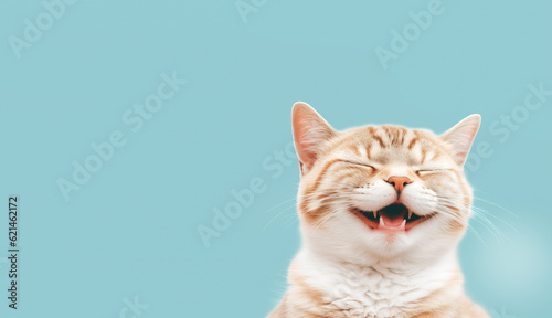 Happy smiling cat on blue green background