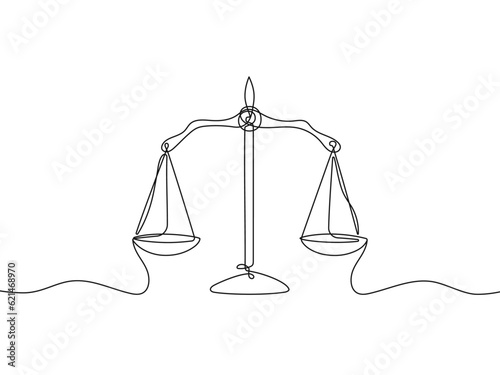 One line continuous justice scales sign isolated on white background. Hand drawn balance symbol.