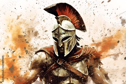 illustration of spartan king demigod in golden armor and helmet, holding spear and shield with grunge background. Spartan soldier illustration with helmet and battlefield in background