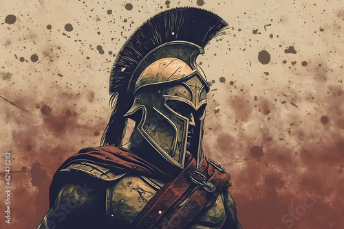 illustration of spartan king demigod in golden armor and helmet, holding spear and shield with grunge background. Spartan soldier illustration with helmet and battlefield in background