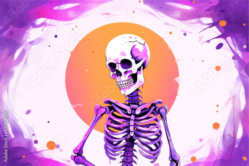 Human skeleton on colorful watercolor background. Vector illustration for Halloween. Generated AI